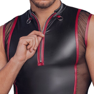 Ärmelloses Herren Shirt - Schwarz  mit Roten Streifen und Silber Details