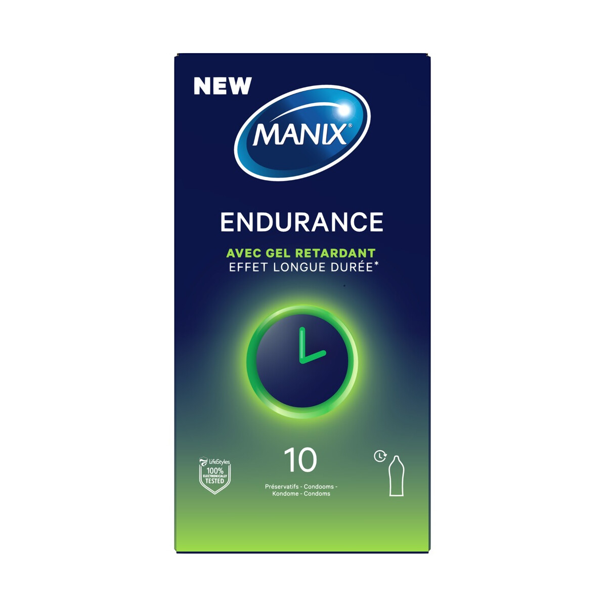 Dunkelblaue Packung MANIX Endurance Kondome mit 10 Stüc