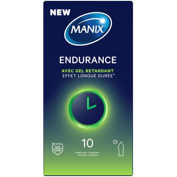 Dunkelblaue Packung MANIX Endurance Kondome mit 10 Stück Inhalt
