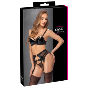 Cottelli LINGERIE 3er-Set - BH, Strapsgürtel & String - Lack & Spitze - Schwarz/Gold