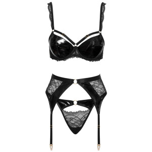 Cottelli LINGERIE 3er-Set - BH, Strapsgürtel & String - Lack & Spitze - Schwarz/Gold