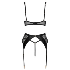 Cottelli LINGERIE 3er-Set - BH, Strapsgürtel & String - Lack & Spitze - Schwarz/Gold