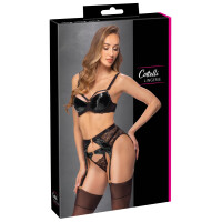 Cottelli LINGERIE 3er-Set - BH, Strapsgürtel & String - Lack & Spitze - Schwarz/Gold