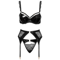 Cottelli LINGERIE 3er-Set - BH, Strapsgürtel & String - Lack & Spitze - Schwarz/Gold