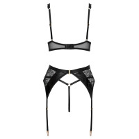 Cottelli LINGERIE 3er-Set - BH, Strapsgürtel & String - Lack & Spitze - Schwarz/Gold