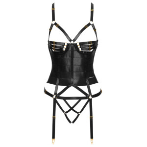 Cottelli LINGERIE Strapscorsage & String ouvert - Satinoptik - Schwarz/Gold