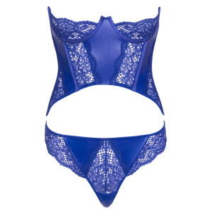 Cottelli LINGERIE Set - Busenfreie Kurz-Corsage & Riostring - Wetlook & Spitze - Royalblau