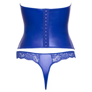 Cottelli LINGERIE Set - Busenfreie Kurz-Corsage & Riostring - Wetlook & Spitze - Royalblau