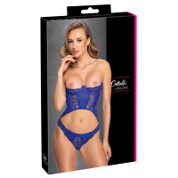 Cottelli LINGERIE Set - Busenfreie Kurz-Corsage & Riostring - Wetlook & Spitze - Royalblau