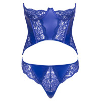 Cottelli LINGERIE Set - Busenfreie Kurz-Corsage & Riostring - Wetlook & Spitze - Royalblau