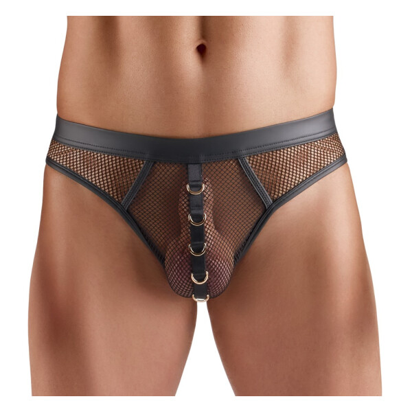 Schwarzer Svenjoyment Netz-Riostring für Herren mit Wetlook-Details und 5 goldenen Ringen am Beutel