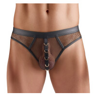 Schwarzer Svenjoyment Netz-Riostring für Herren mit Wetlook-Details und 5 goldenen Ringen am Beutel