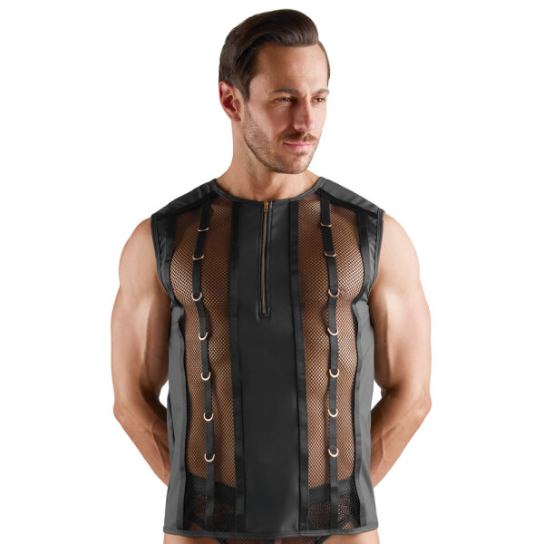 Schwarzes ärmelloses Svenjoyment Herren-Shirt aus Netz und Wetlook mit goldenen Ringen