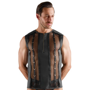 Schwarzes ärmelloses Svenjoyment Herren-Shirt aus Netz und Wetlook mit goldenen Ringen