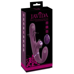 Javida RC Strapless Strap-On - Doppelvibrator mit Flicking Tongue - Fernbedienung - Beere