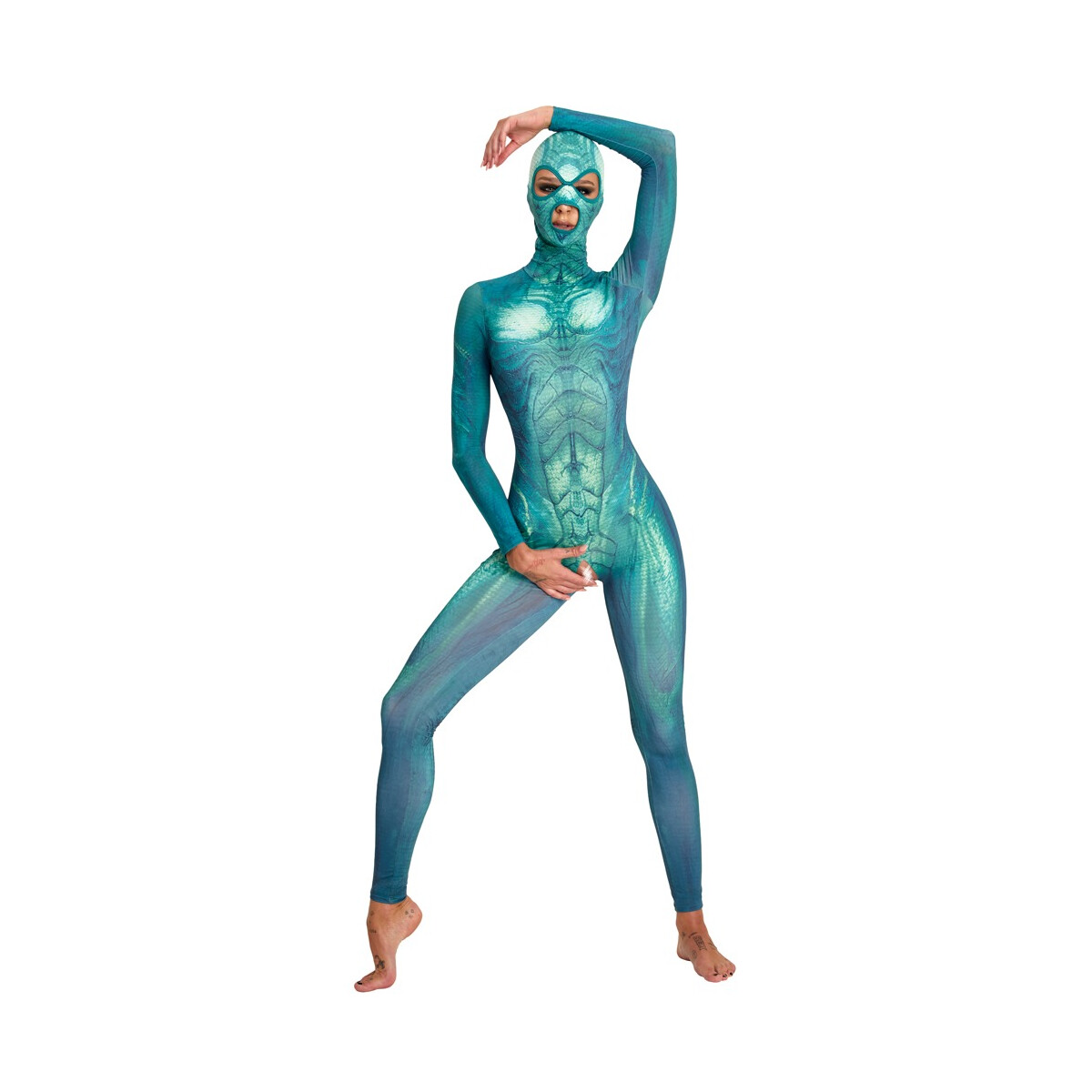 Grün-blauer Reptilien-Overall von Beasty Suits mit Kopf