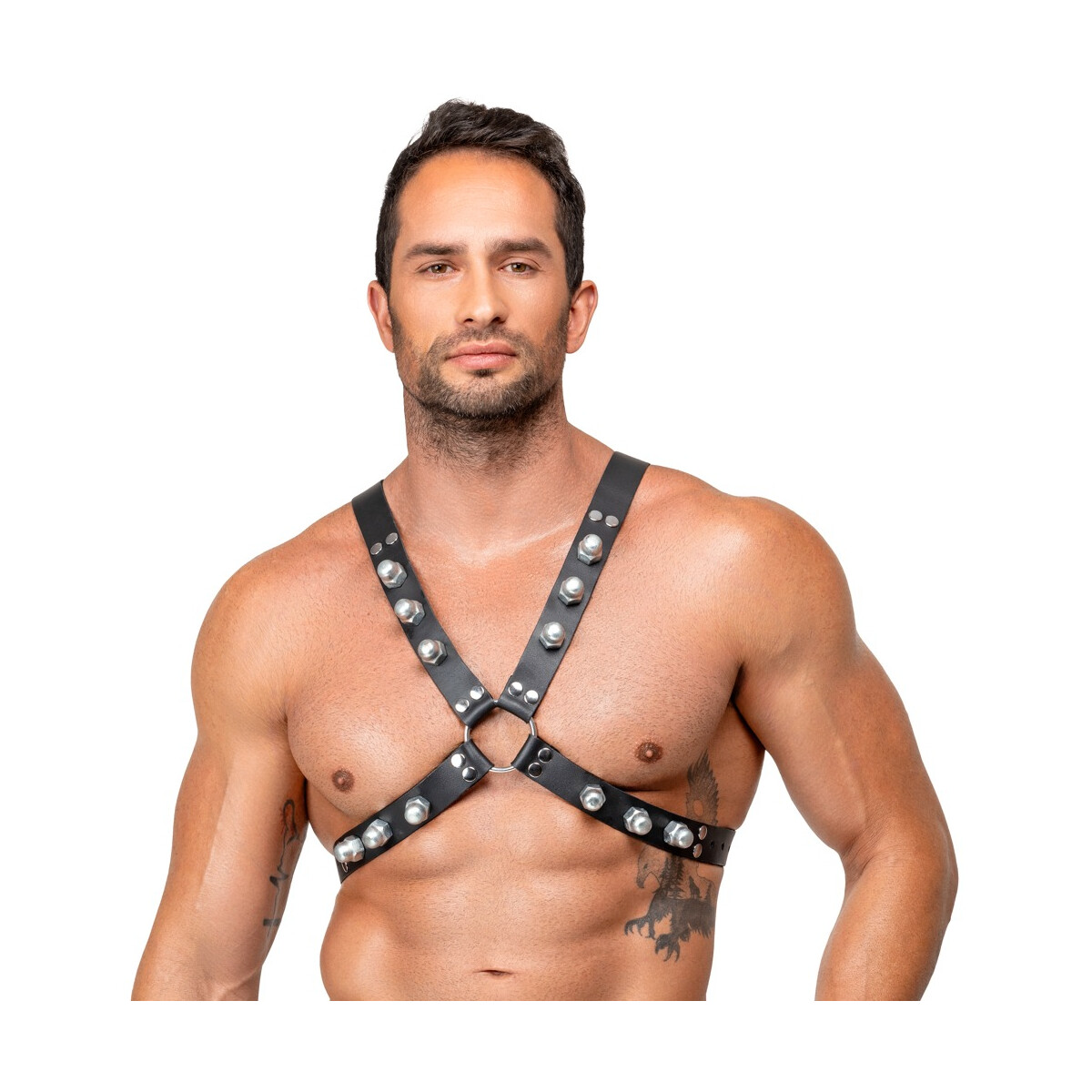 Schwarzes ZADO X-Brustharness aus Leder mit markanten silber