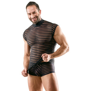 Svenjoyment Transparentes Streifen-Shirt - Schwarz mit Stehkragen & Kurzarm