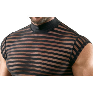Svenjoyment Transparentes Streifen-Shirt - Schwarz mit Stehkragen & Kurzarm