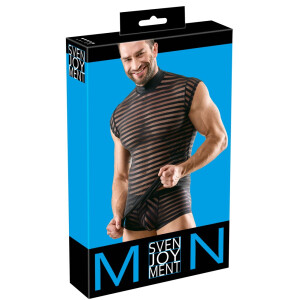 Svenjoyment Transparentes Streifen-Shirt - Schwarz mit Stehkragen & Kurzarm