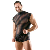 Svenjoyment Transparentes Streifen-Shirt - Schwarz mit Stehkragen & Kurzarm