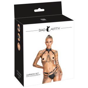 Bad Kitty 3-teiliges Harness-Set - Brust- & Hüft-Harness mit Ketten & String - Schwarz/Silber