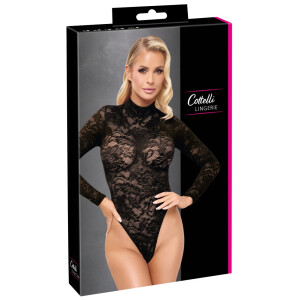 Cottelli LINGERIE Langarm-Spitzenbody - Eleganter Riobody mit Stehkragen - Schwarz