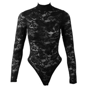 Cottelli LINGERIE Langarm-Spitzenbody - Eleganter Riobody mit Stehkragen - Schwarz