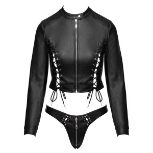 Cottelli PARTY Lederimitat Clubwear-Set - Cropped Jacke & Riostring mit Schnürung (Schwarz)
