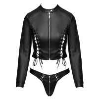 Cottelli PARTY Lederimitat Clubwear-Set - Cropped Jacke & Riostring mit Schnürung (Schwarz)