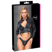 Cottelli PARTY Lederimitat Clubwear-Set - Cropped Jacke & Riostring mit Schnürung (Schwarz)