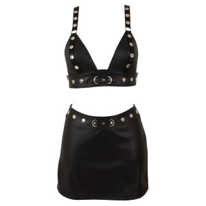 Cottelli PARTY Lederimitat Set - BH-Top & Minirock mit Nieten & Ringen (Schwarz)