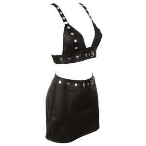 Cottelli PARTY Lederimitat Set - BH-Top & Minirock mit Nieten & Ringen (Schwarz)