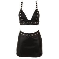 Cottelli PARTY Lederimitat Set - BH-Top & Minirock mit Nieten & Ringen (Schwarz)