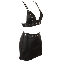 Cottelli PARTY Lederimitat Set - BH-Top & Minirock mit Nieten & Ringen (Schwarz)