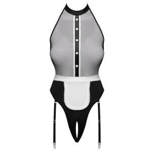 Cottelli COSTUMES Servier-Set - Strapsbody Ouvert mit Netz & Schürze (Schwarz/Weiß)