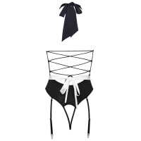 Cottelli COSTUMES Servier-Set - Strapsbody Ouvert mit Netz & Schürze (Schwarz/Weiß)