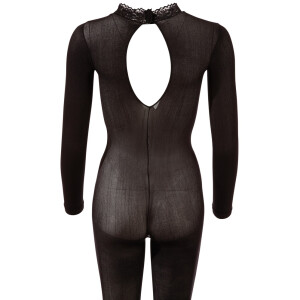 Fantasy by Cottelli Transparenter Langarm-Catsuit ouvert mit Fuß & Spitzenkragen (Schwarz)