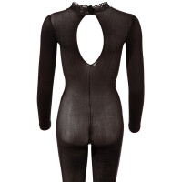 Fantasy by Cottelli Transparenter Langarm-Catsuit ouvert mit Fuß & Spitzenkragen (Schwarz)