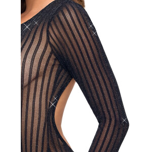 Fantasy by Cottelli Transparentes Langarm-Riobody - Streifen-Look mit Glitzer (Schwarz/Silber)