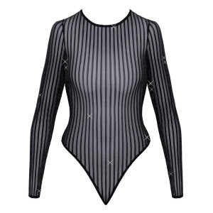 Fantasy by Cottelli Transparentes Langarm-Riobody - Streifen-Look mit Glitzer (Schwarz/Silber)