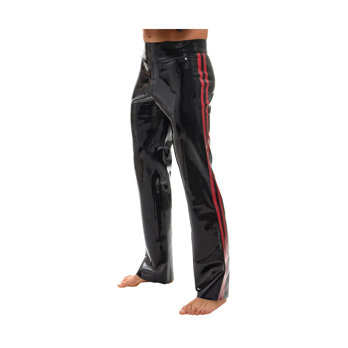 LATE X Latex-Hose Bootcut | Schwarz mit roten Streifen