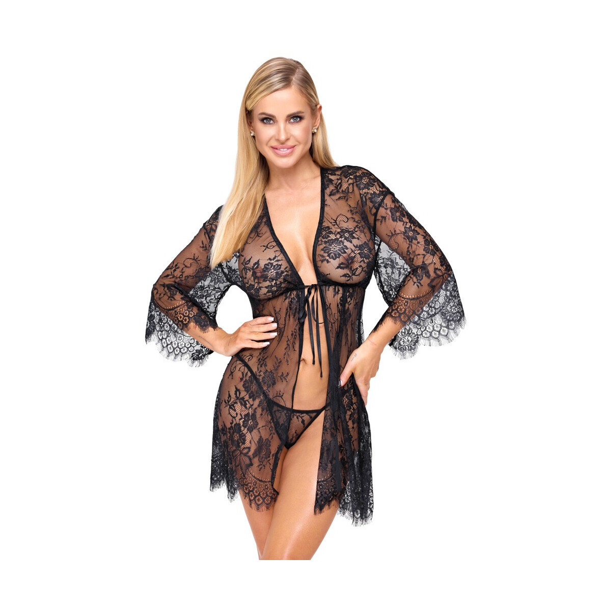 Cottelli LINGERIE Spitzen-Kimono Set | Schwarz
