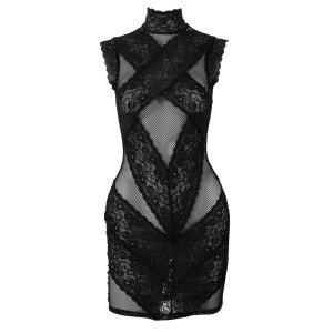 Cottelli PARTY Netz-Minikleid mit Blütenspitze & Stehkragen - Schwarz