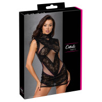Cottelli PARTY Netz-Minikleid mit Blütenspitze & Stehkragen - Schwarz
