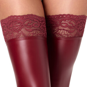 Noir Overknees ohne Fuß im Powerwetlook mit Spitzen-Abschluss (Burgunderrot)