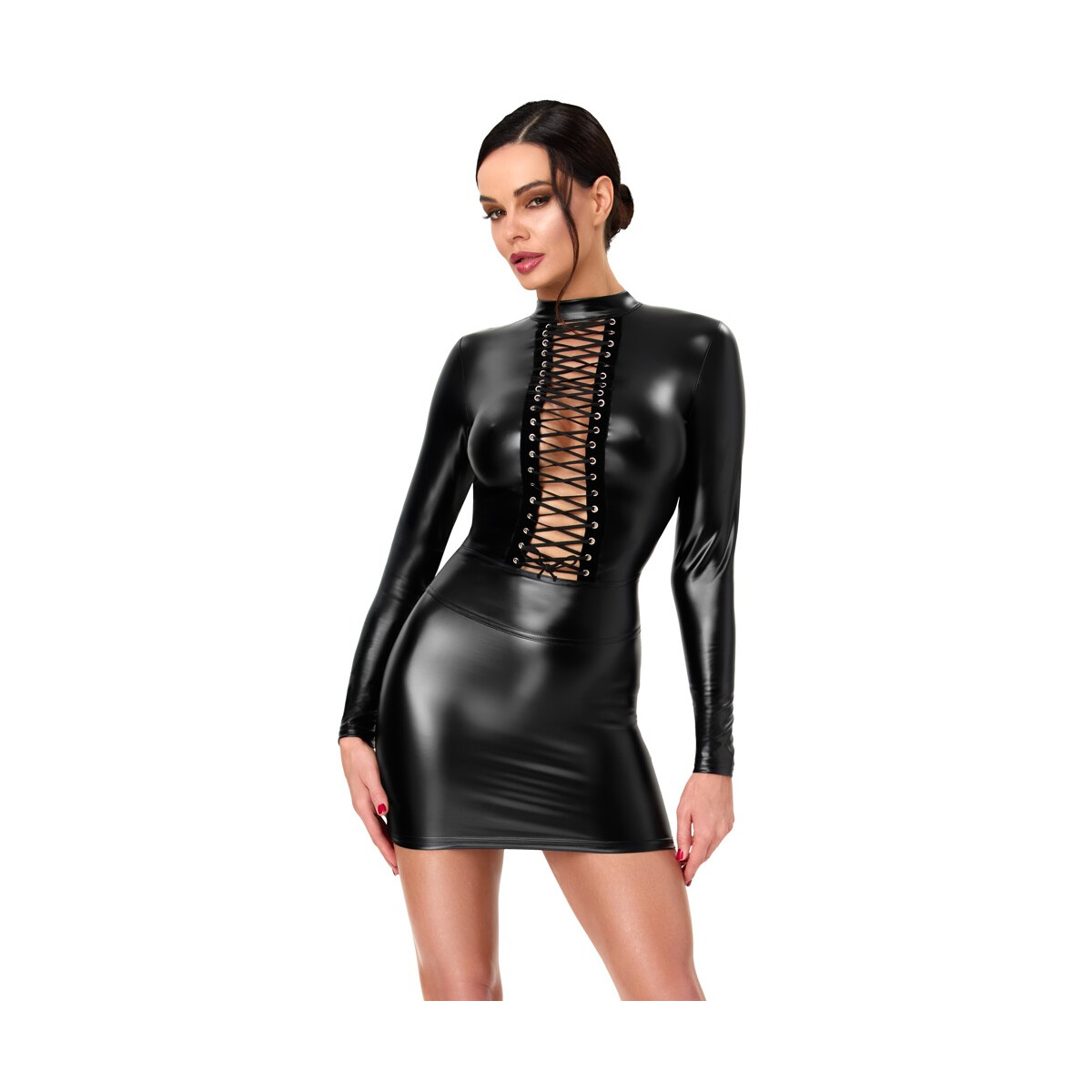Noir Powerwetlook Langarm-Minikleid mit  box