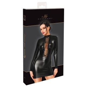 Noir Powerwetlook Langarm-Minikleid mit Frontschnürung (Schwarz)