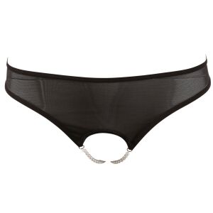Damen String mit 2 weißen Perlenketten - ouvert - Schwarz