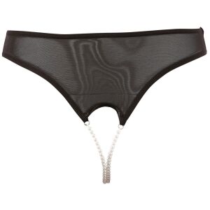 Damen String mit 2 weißen Perlenketten - ouvert - Schwarz